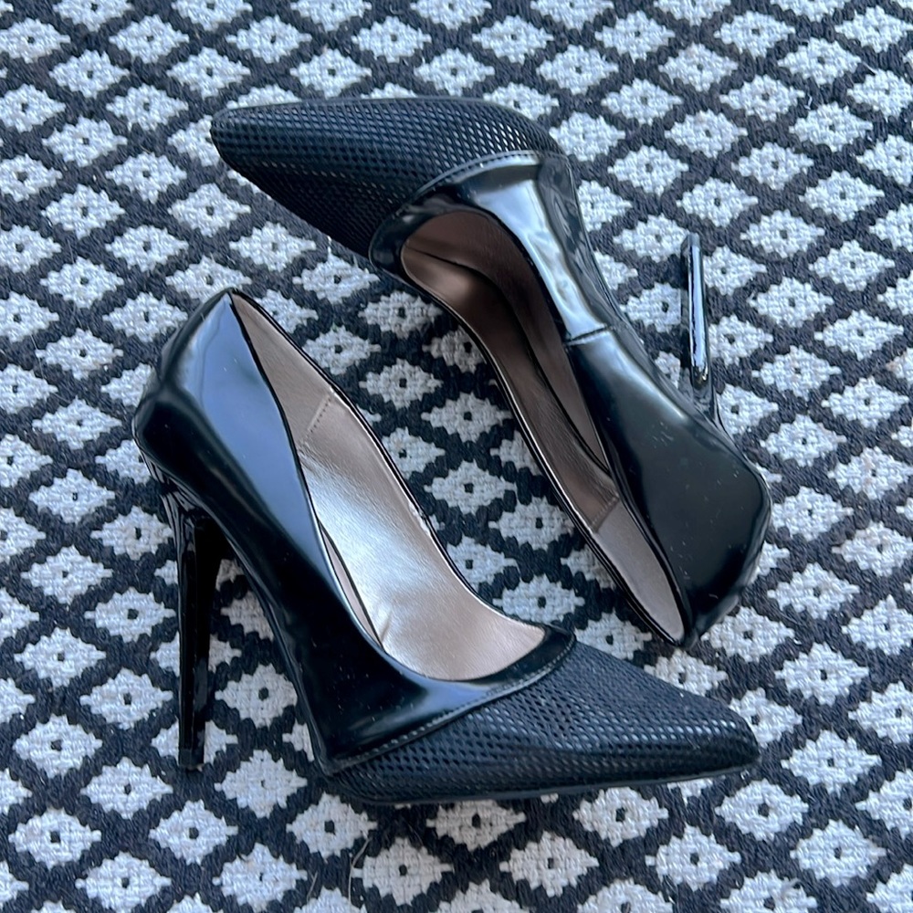 Qupid black patent leather with mesh black toe pointed toe stiletto heels